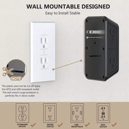 10-In-1 US Plug Power Strip,Surge Protector 6 AC Outlets 2 USB 2 Type-C,Desktop Charging Station for Home Office Kitchen Bedroom