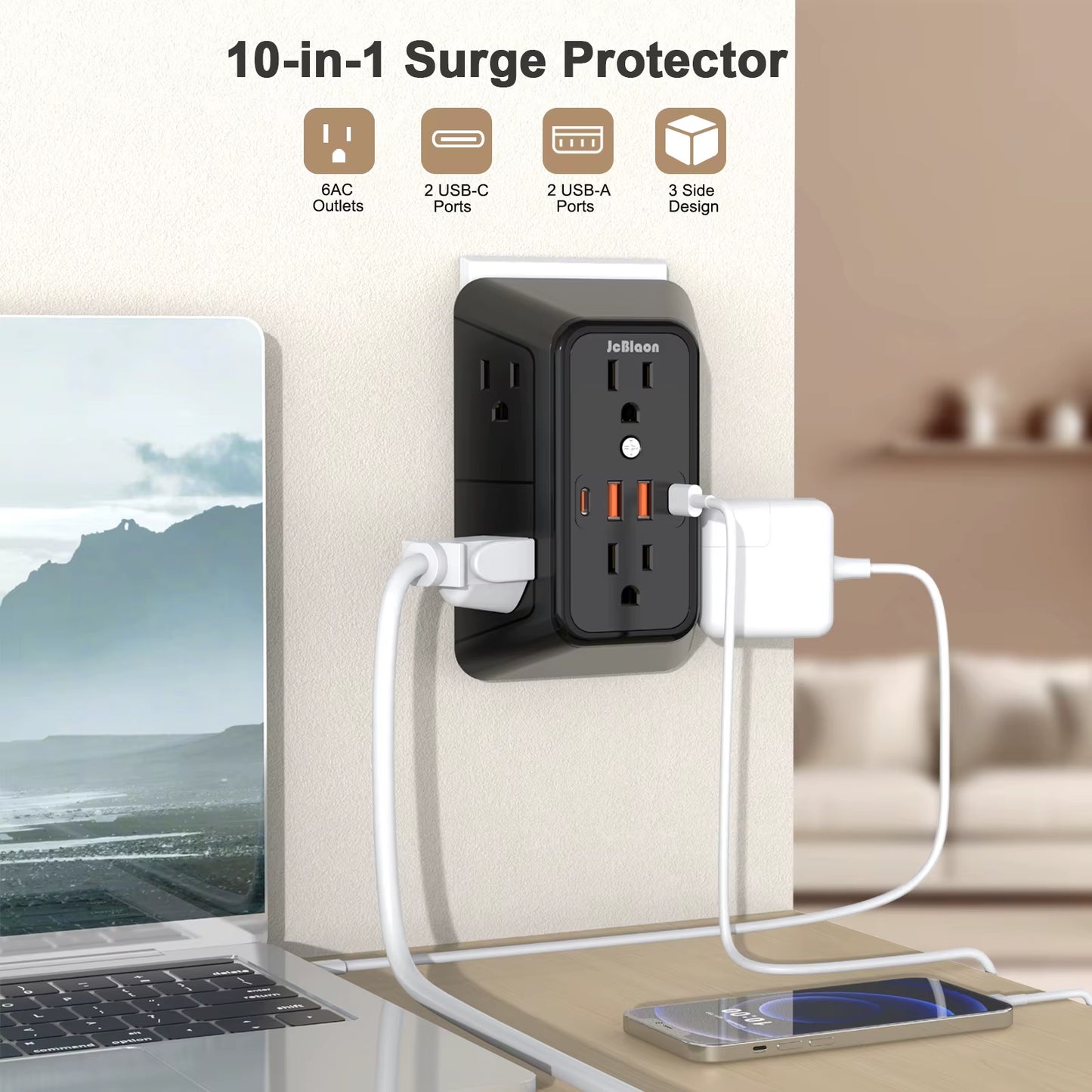 10-In-1 US Plug Power Strip,Surge Protector 6 AC Outlets 2 USB 2 Type-C,Desktop Charging Station for Home Office Kitchen Bedroom