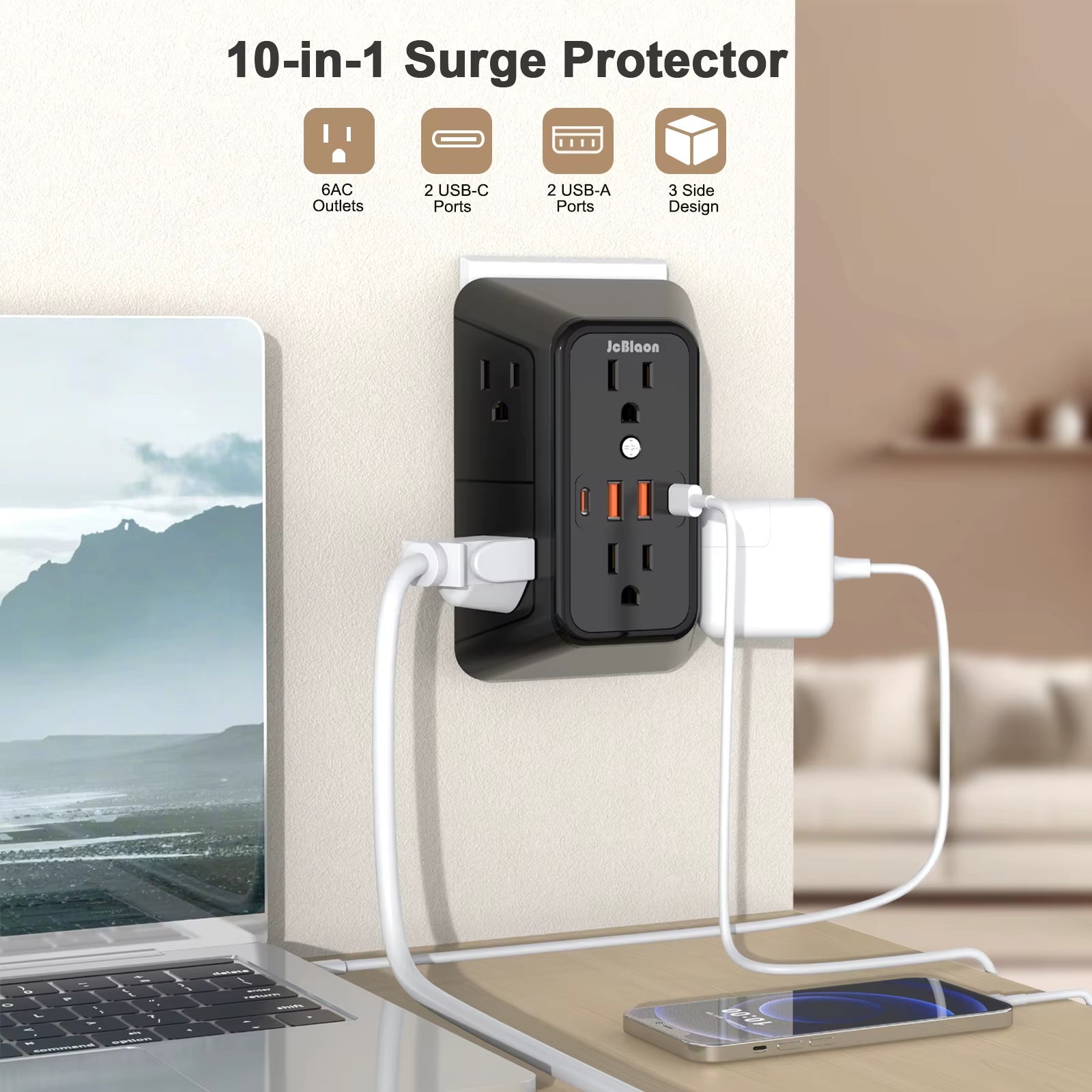 10-In-1 US Plug Power Strip,Surge Protector 6 AC Outlets 2 USB 2 Type-C,Desktop Charging Station for Home Office Kitchen Bedroom