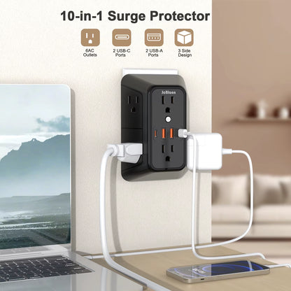 10-In-1 US Plug Power Strip,Surge Protector 6 AC Outlets 2 USB 2 Type-C,Desktop Charging Station for Home Office Kitchen Bedroom