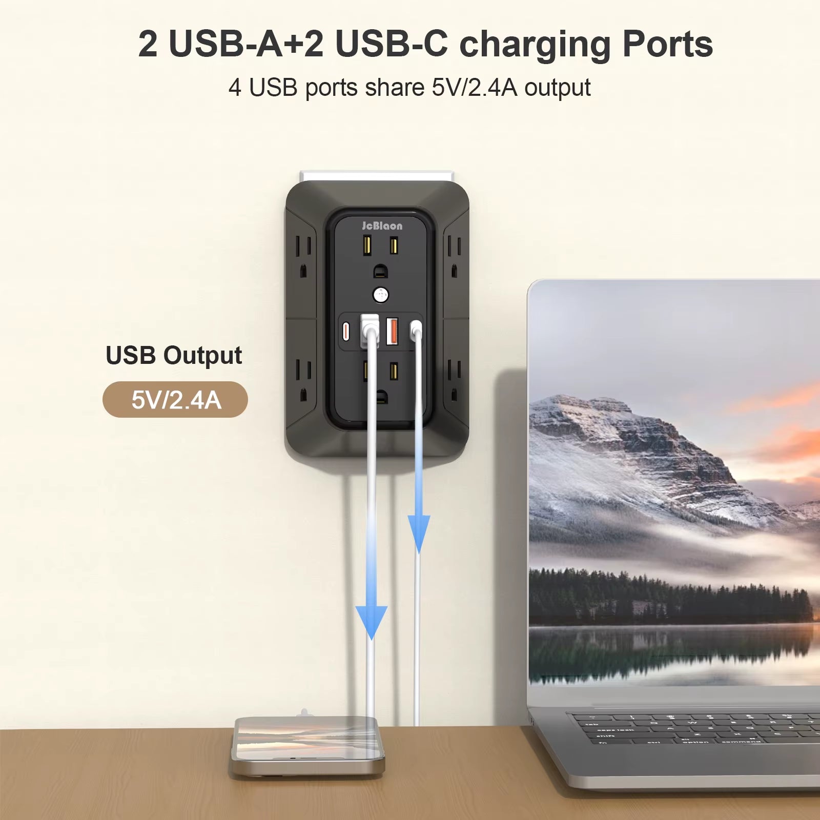 10-In-1 US Plug Power Strip,Surge Protector 6 AC Outlets 2 USB 2 Type-C,Desktop Charging Station for Home Office Kitchen Bedroom